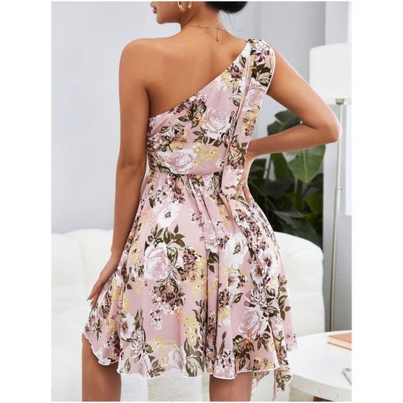 Bohemian Blush Pink Floral Print One Shoulder Mini Dress - Picture 3 of 5